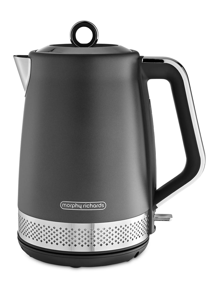 Gray electric kettle with black handle on a white background, featuring the Morphy Richards brand.