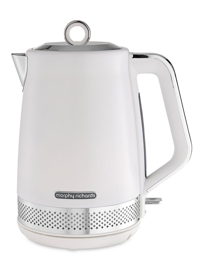 White electric kettle with Morphy Richards logo on a white background