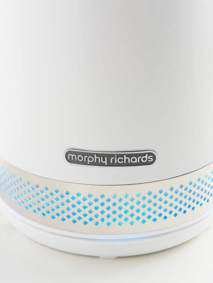 Close-up of a Morphy Richards kettle with blue accents on a white background