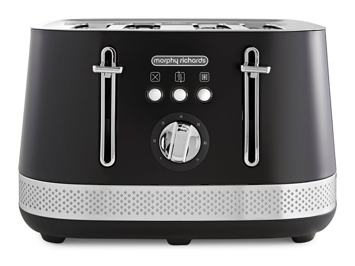 Black Morphy Richards toaster with silver accents on a white background