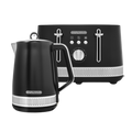 A black kettle and toaster set with blue illumination features.