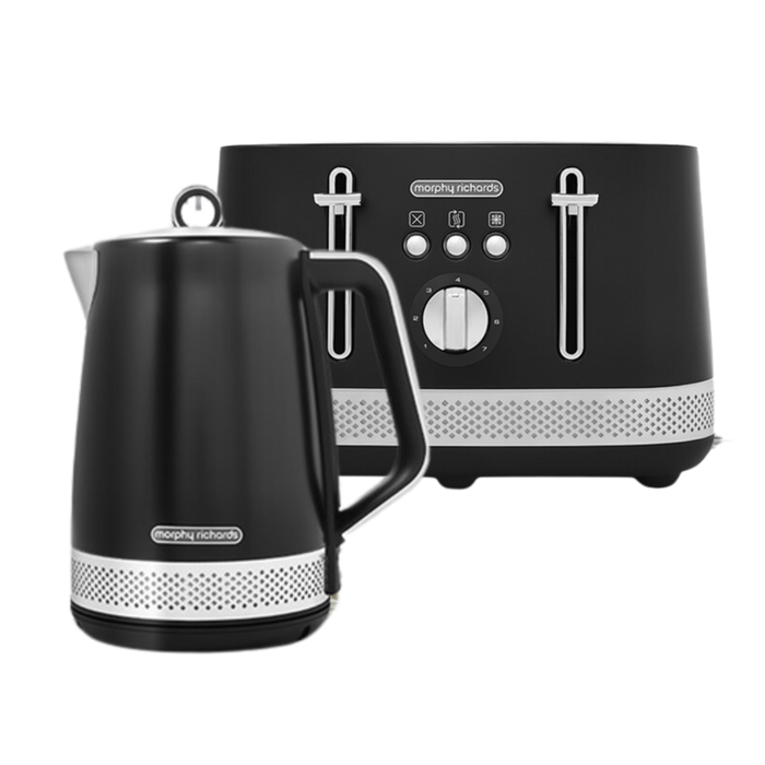 A black kettle and toaster set with blue illumination features.