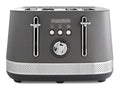 Gray toaster with silver accents on a white background