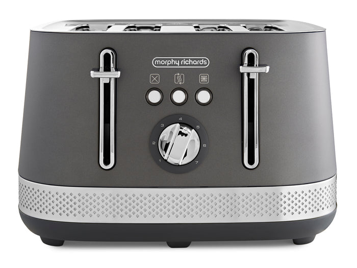 Gray toaster with silver accents on a white background
