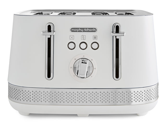 White toaster with metallic accents on a white background