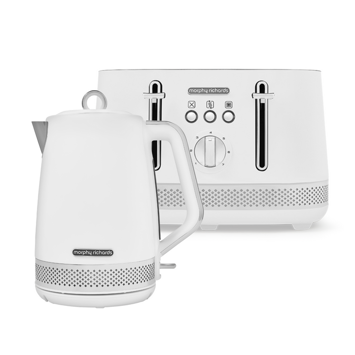 A white kettle and toaster set with blue illumination features.