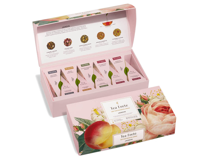 Jardin tea assortment in a 10 count petite presentation box with lid open and closed