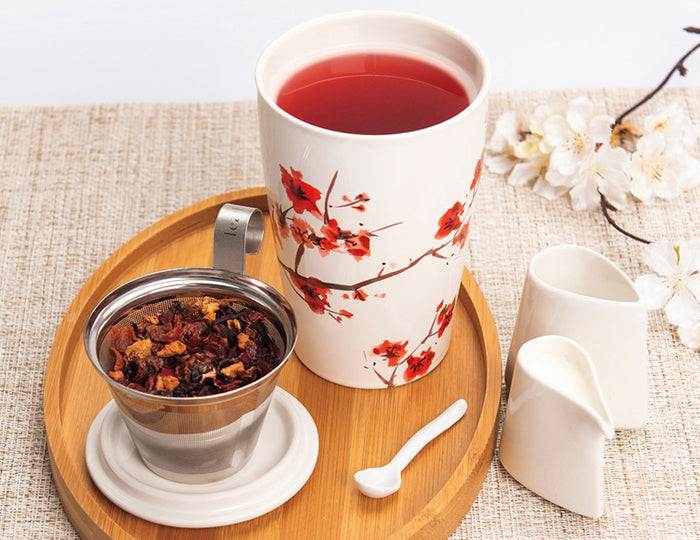 MAIN PDP |  Cherry Blossom Kati Steeping Cup with infuser and lid, on bamboo tray with sugar and creamer