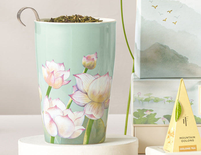 MAIN PDP | KATI® Steeping Cup & Infuser with Lotus flower pattern, open with infuser