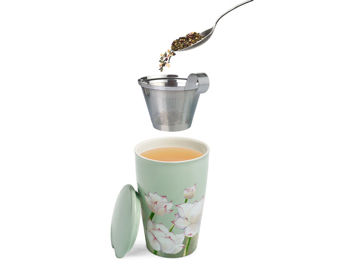 KATI® Steeping Cup & Infuser with Lotus flower pattern, open, showing tea spooned into basket above