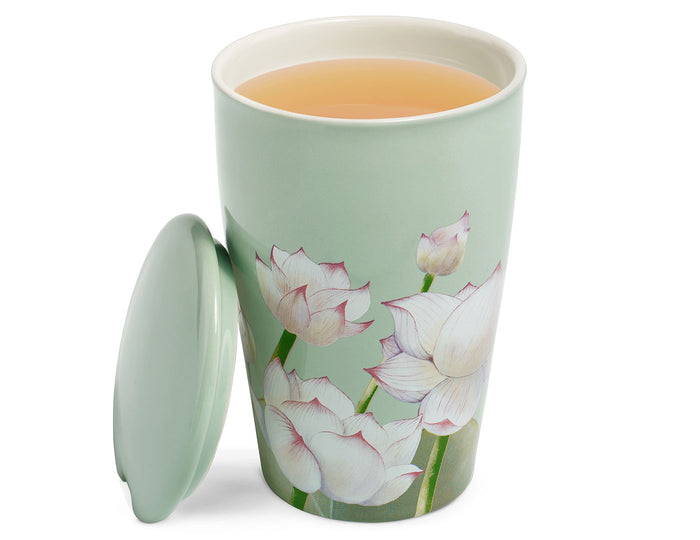 KATI® Steeping Cup & Infuser with Lotus flower pattern, lid off and to the side, with brewed tea
