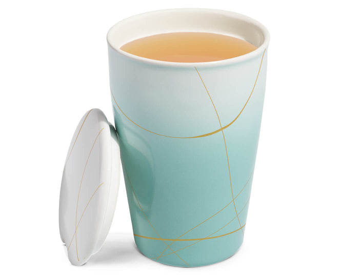 Herbal Retreat KATI® Steeping Cup with lid off and steeped tea inside cup