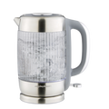 Clear glass electric kettle with silver base and handle on a white background