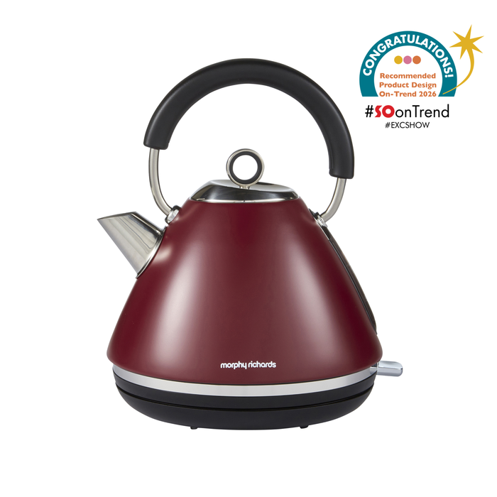 Rhubarb kettle with black handle on a white background, from  Morphy Richards branding