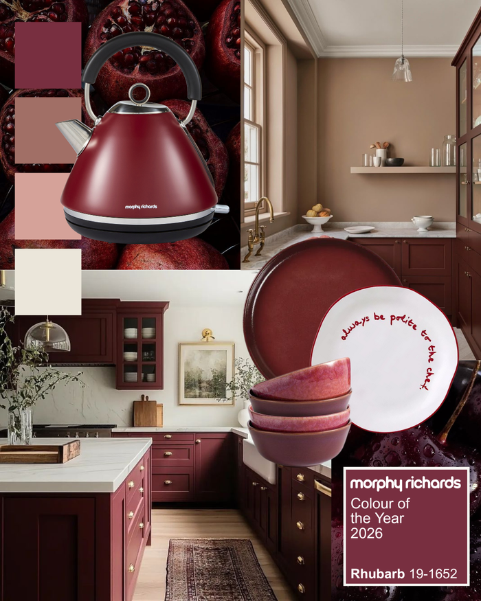 Collage of Morphy Richards kitchenware with a focus on red and brown tones, including a kettle and cookware.