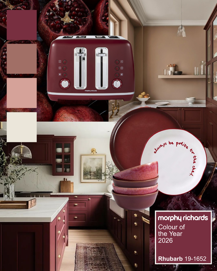 Collage of a rhubarb toaster, burgundy kitchen cabinets, and decor items.
