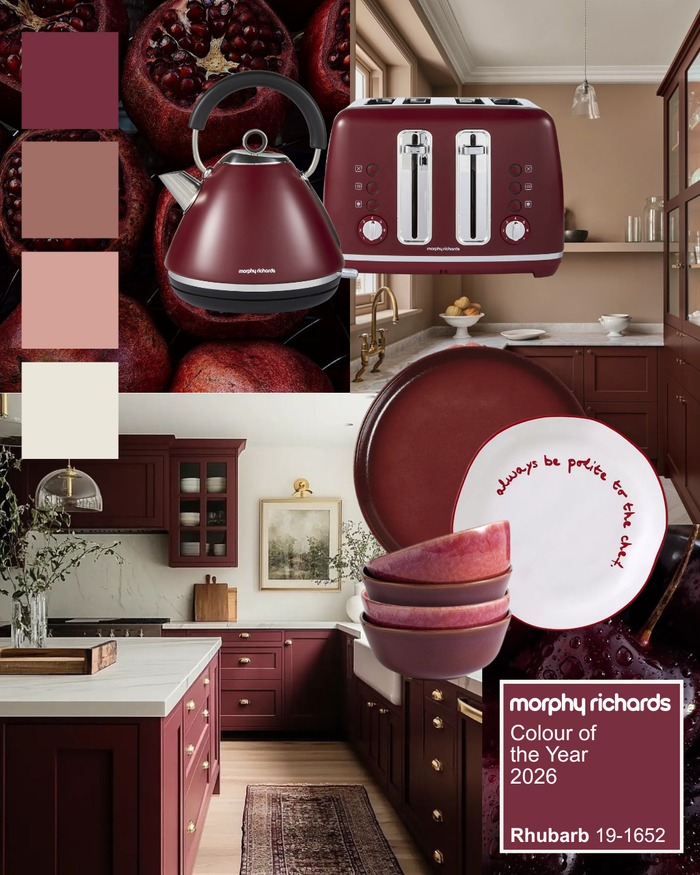 Collage of Morphy Richards kitchenware with a focus on rhubarb color theme.