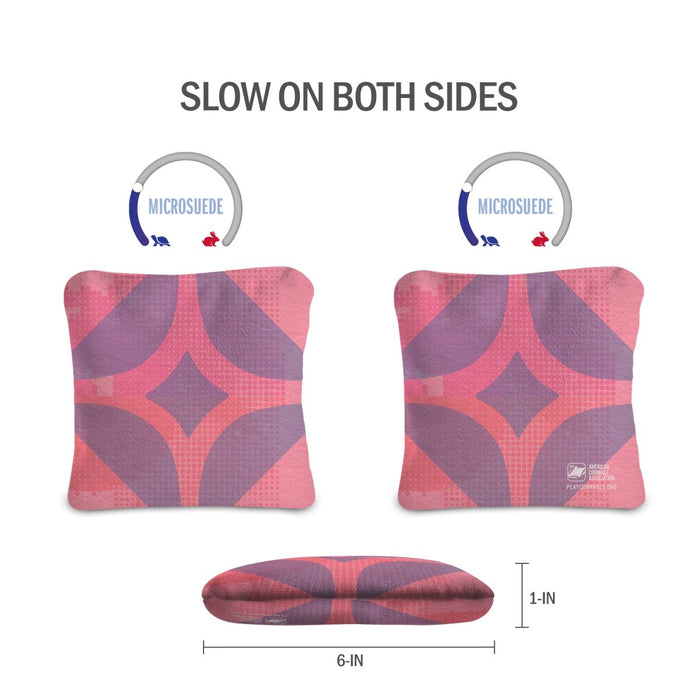 Lock 'n Key Pink Front and back view of Sticker Bomb Lock Shot Cornhole Bags showing dual-sided slow-speed microsuede construction for more bag control.