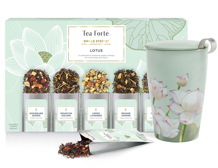 Tea Forte Lotus Loose Tea Tasting Set tea with one Single Steeps Sampler of 15 teas and one KATI Steeping Cup Lotus