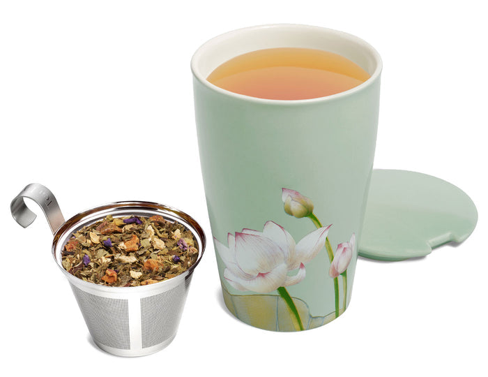KATI® Steeping Cup & Infuser with Lotus flower pattern, open with infuser basket and loose tea