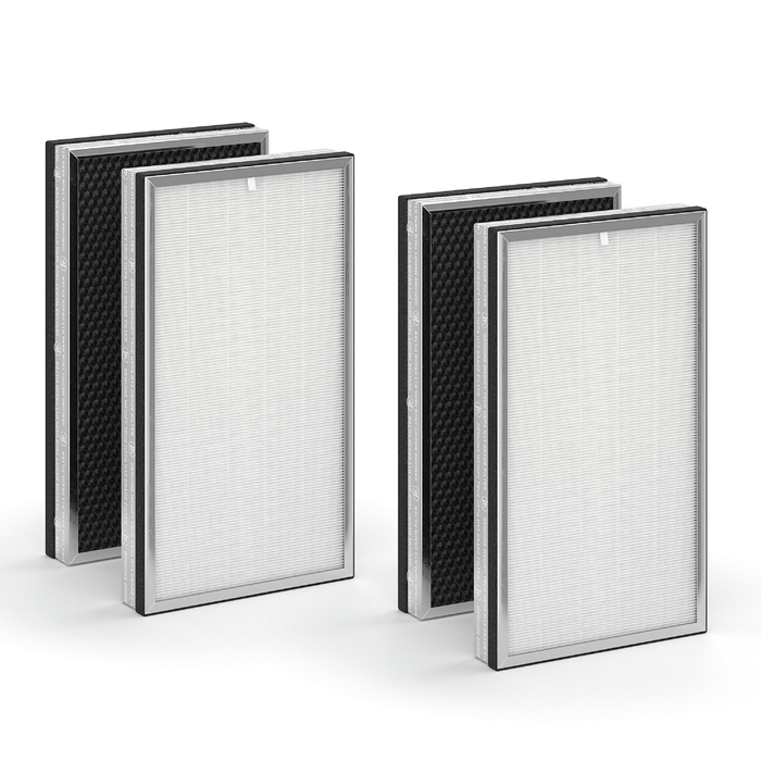 Four rectangular ma-112 air filters with silver frames white pleated media and black carbon layers for improved air quality
