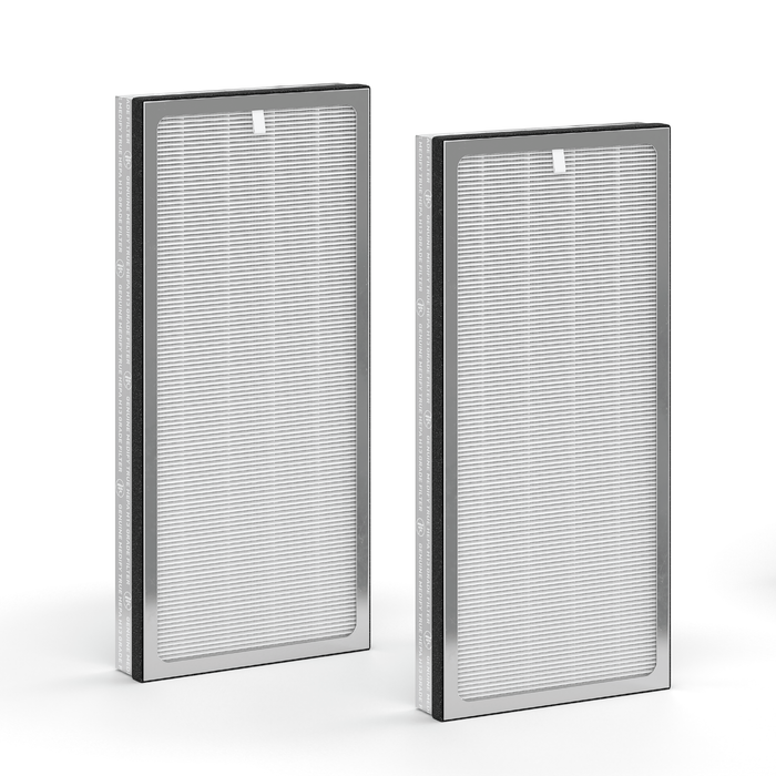 Two sleek ma-40 air purifier filters with silver metallic frames and white pleated filter media for clean air