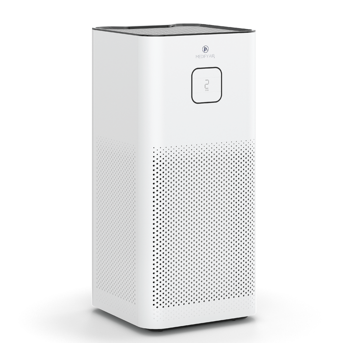 White rectangular MA-50-V3.0 air purifier with perforated front panel and central control button for clean air