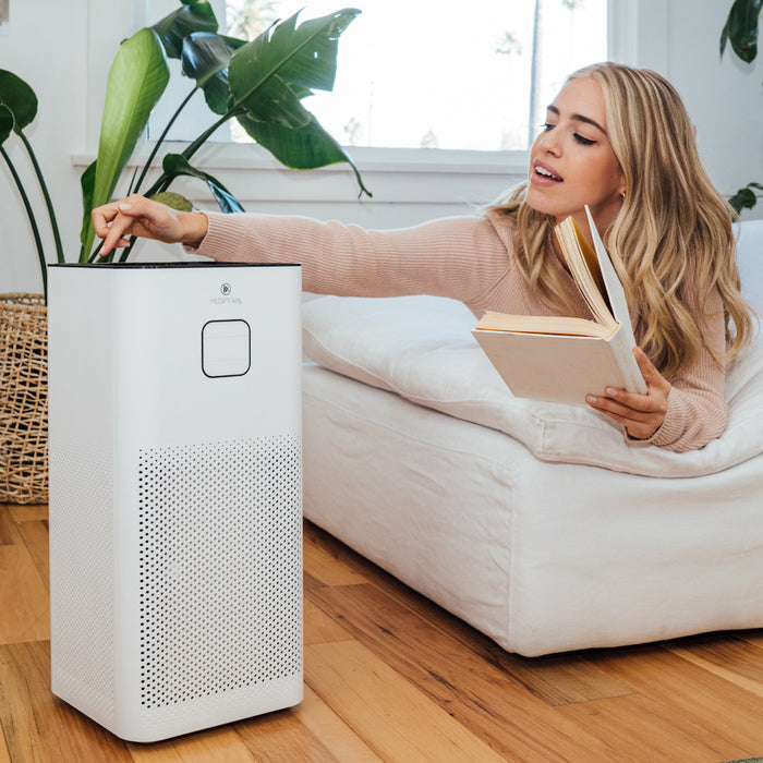 White rectangular ma-50-v3.0 air purifier with perforated front panel and minimalist control button on top