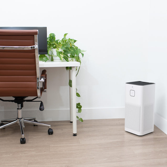 White rectangular MA-50-V3.0 air purifier with black mesh top and perforated front panel for clean indoor air