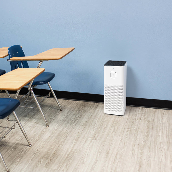 White rectangular ma-50-v3.0 air purifier with black top and perforated front panel for clean indoor air