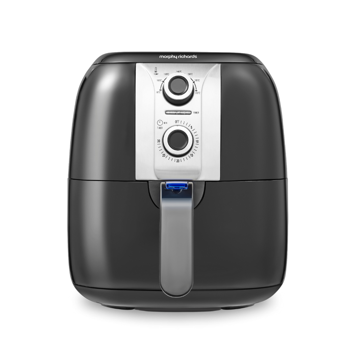 A black manual 3 Litre Air Fryer with visible temperature and timer controls on the front.