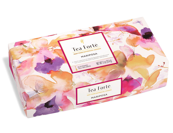 Tea Forte Mariposa gift set with watercolor floral design on white box packaging.