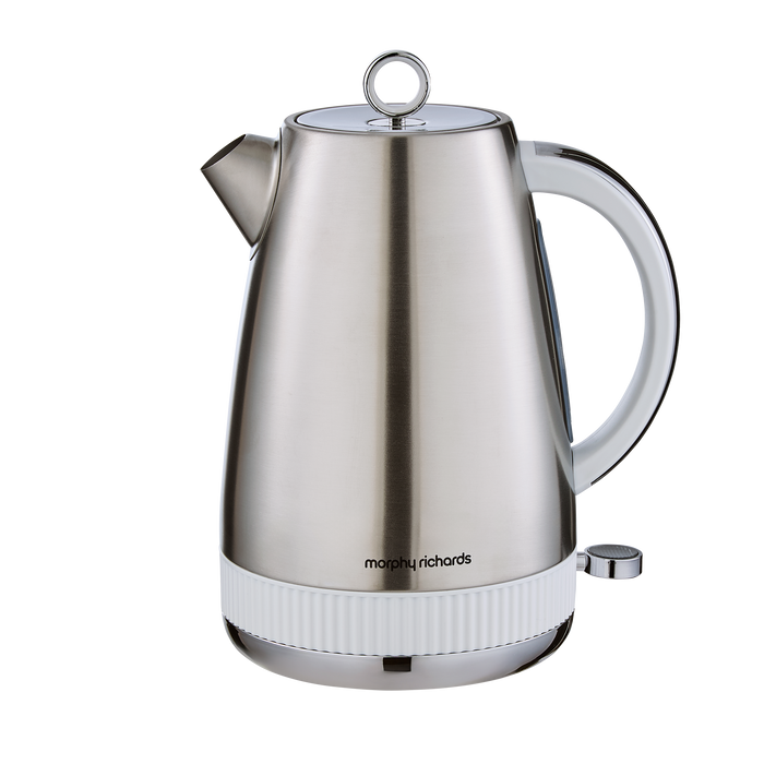 Stainless steel kettle with white base on a white background