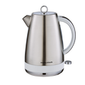 Stainless steel kettle with white base on a white background