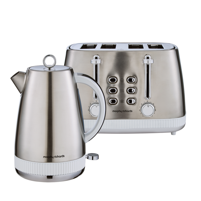 Silver kettle and toaster with 'Morphy Richards' branding on a white background