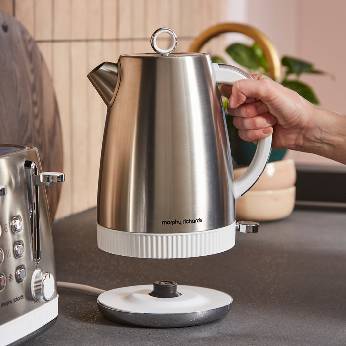 Stainless steel Morphy Richards kettle on a kitchen counter