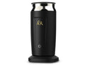 Black and silver milk frother with a L'OR logo, lid on, on a white background