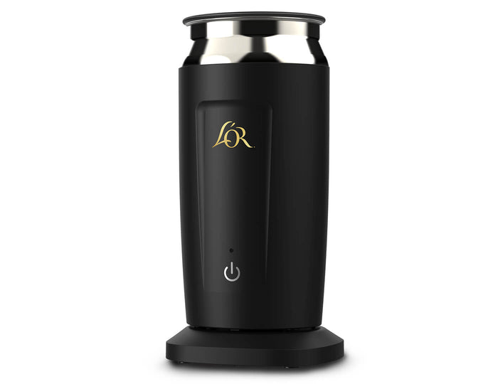 Black and silver milk frother with a L'OR logo, lid on, on a white background
