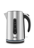 A brushed steel Morphy Richards Motive Jug Kettle with chromed details and a black handle.