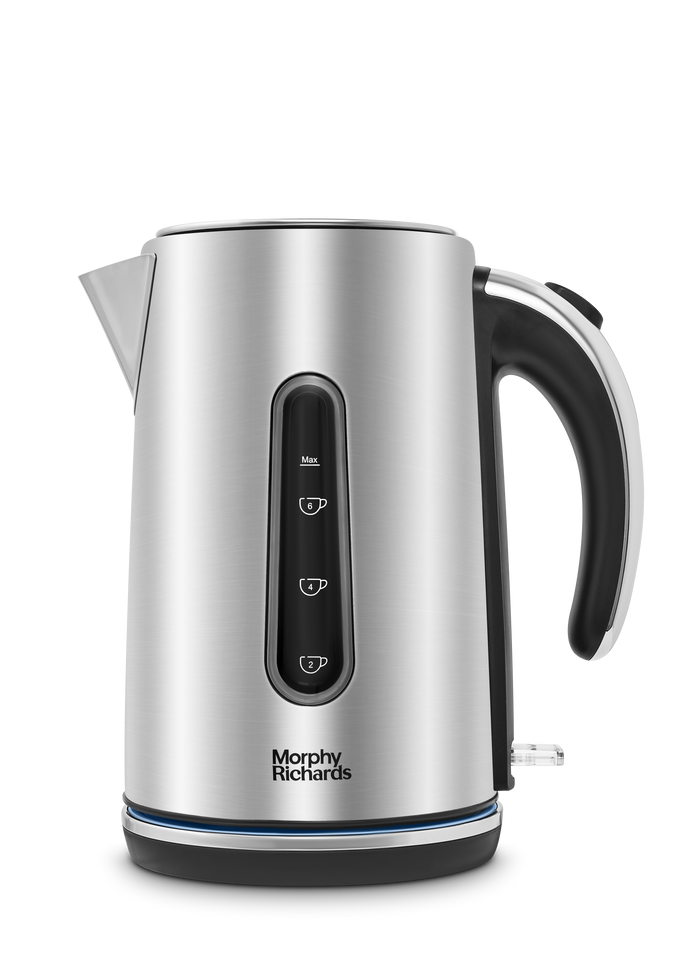 A brushed steel Morphy Richards Motive Jug Kettle with chromed details and a black handle.