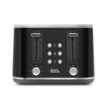 A black 4-slice toaster with chrome-plated trim and several control settings visible on the front panel.