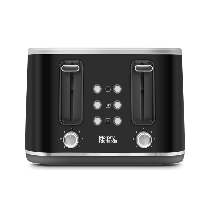 A black 4-slice toaster with chrome-plated trim and several control settings visible on the front panel.