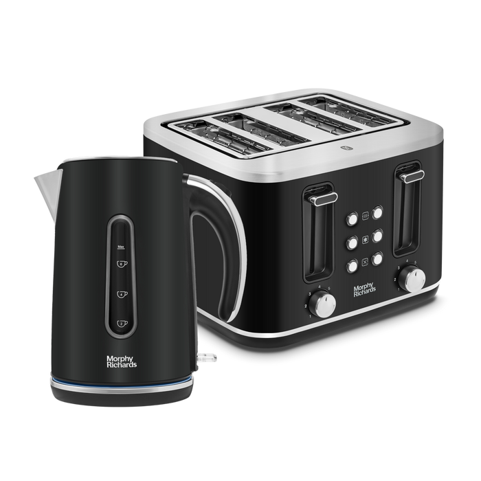 A black Morphy Richards Motive Jug Kettle and a 4-slice Morphy Richards Motive Toaster, both with chrome-plated trim.
