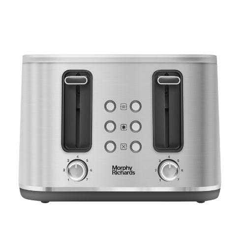 A 4-slice brushed steel toaster with chrome-plated trim, featuring browning control settings, reheat, cancel, and defrost functions, and a removable crumb tray.