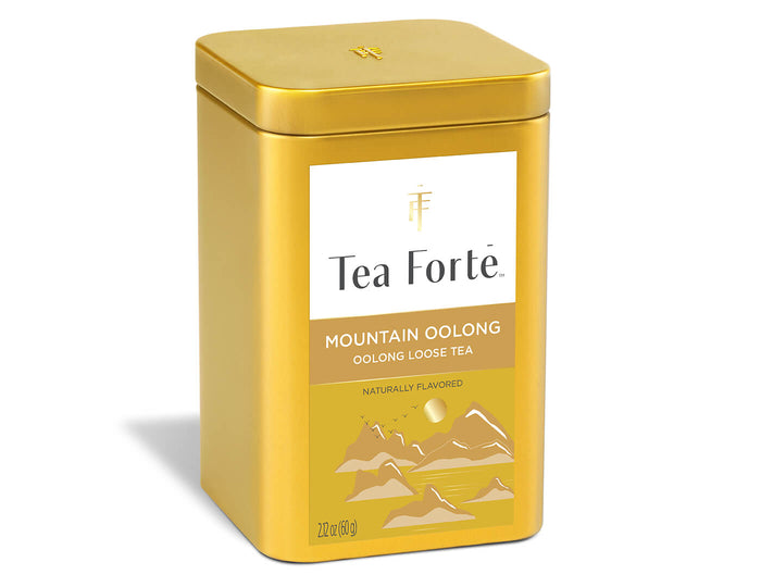 Mountain Oolong tea in a canister of loose tea - side view