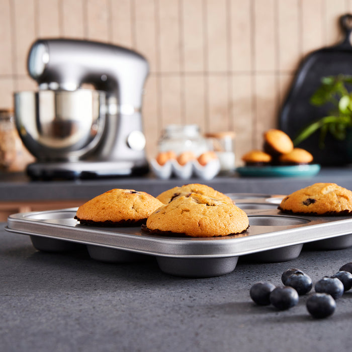 Blueberry muffins in a muffin tin