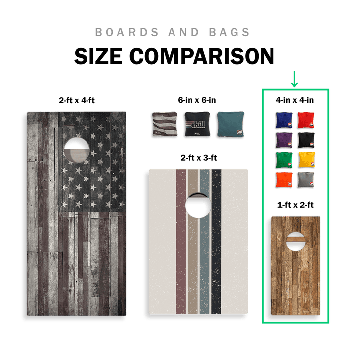 Classic Stripes Mahogany Cream, Blue, and Mauve Backyard 1x2 ft Cornhole Boards, Size Comparison - American Cornhole Association