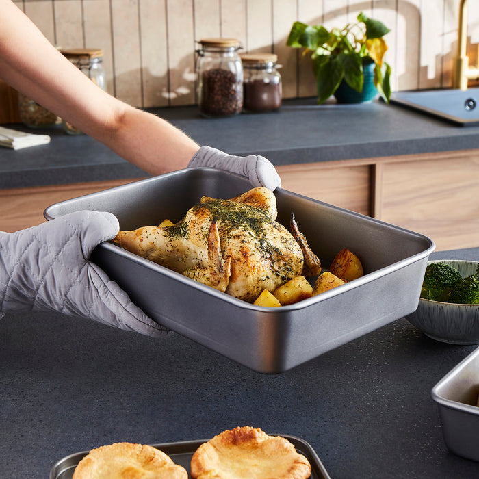 Roast chicken in a roasting tin
