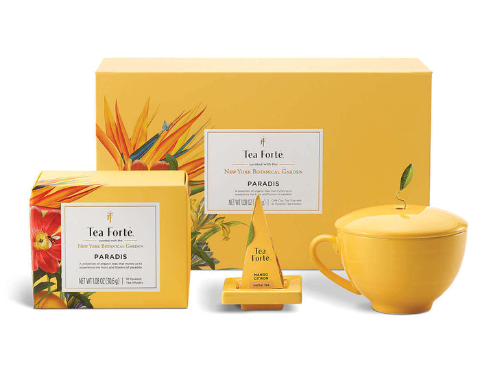Paradis Gift Set box with Mini Petite, infuser on a Mango Tea Tray and Mango Café Cup