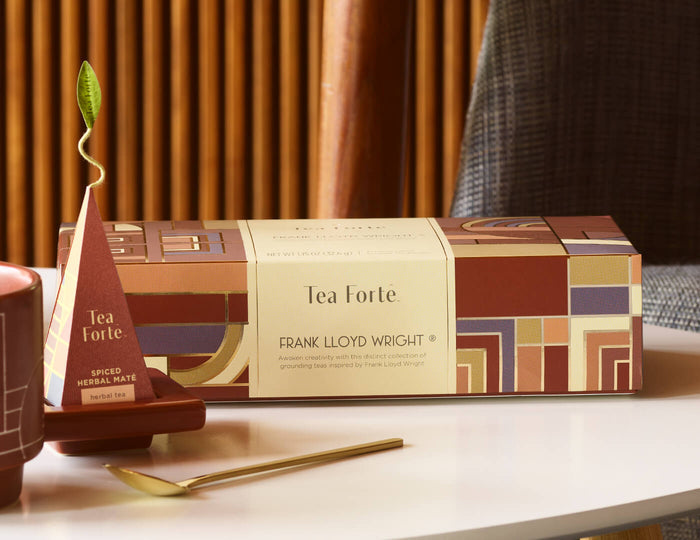 MAIN PDP | Frank Lloyd Wright Petite Presentation Box, closed on table with infuser